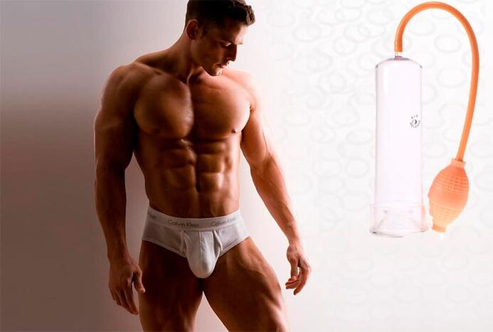 Vergrößerter Penis des Mannes mit Pumpe